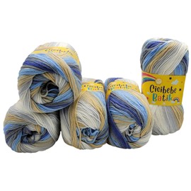 5 x 100 g Knitting Yarn Cicibebe Batik Multicoloured with Colour Gradient, 500 g Knitting Wool Colourful, Colour Gradient Yarn (Blue, Grey, Beige, White 550-75)