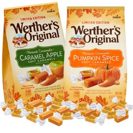 Pumpkin Spice and Caramel Apple Original Soft Caramels, Individually Wrapped Sharable Fall Flavored Candies, 8.57 ounce Bags, Pack of 2