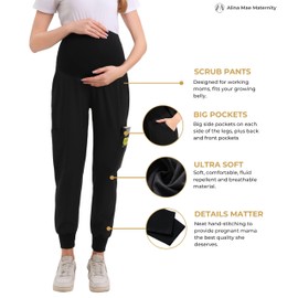 Alina Mae Maternity Scrub Jogger Pants for Women Pregnant Doctor Uniform Pant Nurse Scrub w/ 6 Pockets (Black - Small)