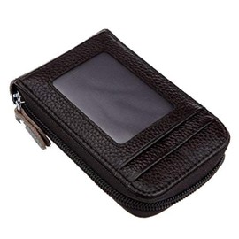 DEEZOMO RFID Blocking Genuine Leather Mini Credit Card Case Organizer Compact Wallet with ID Window - Coffee
