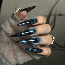 Dark Blue Almond Tip Press on Nails Extra Long Black Butterfly Pattern Design Full Cover Glossy Acrylic Fake Nails Blue Smudge Artificial Fingernails 24Pcs DIY Reusable Glue on Nails for Women
