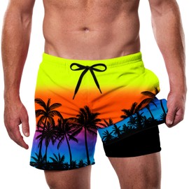 Cozople Swim Trunks for Men Hawaii Sunset Print Swim Shorts Elastic Waistband Board Shorts with Compression Liner for Vacation