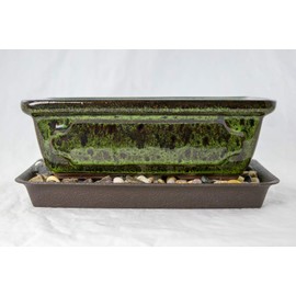 8" Rectangular Moss Green Glazed Bonsai Pot, Cactus & Succulent Planter + Tray + Rock + Mesh Combo