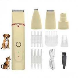 Dog Clippers Grooming Kit 4 in 1 Hair Clipper-Low Noise Paw Trimmer- Rechargeable - Cordless Quiet Nail Grinder Trimming Hair Around The Eyes and Ears for Dogs and Cats (Beige)