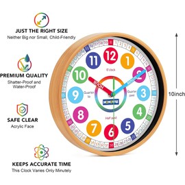 Homotte Kids Wall Clock for Bedroom, 10 Inch Round Multi-Colored Learning Clock, Children's Silent Analog Non-Ticking Educational Wall Clock for Boys and Girls Home Decor