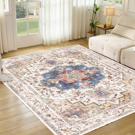 CWK Boho Washable 8x10 Area Rugs,Non-Slip Floor Carpet,Non-Shedding Floor Mat,Low Pile Doormat Soft Vintage Rug for Living Room Bedroom Dinning Room Laundry Home Office,Golden Orange