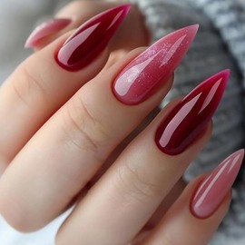 ANDGING Red Pink Press on Nails Almond Medium Long Fake Nails for Women Glossy Fake Nails with Designs Classy Acrylic Manicure stick on nail for Wedding Full Cover Aesthetic Gel False Nails