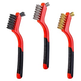 YiwerDer 3Pcs Mini Wire Brush Set, Stainless Steel/Brass/Nylon Bristles Wire Brushes, Curved Handle Soft Grip for Rust, Dirt & Paint Scrubbing with Deep Cleaning – 7 Inches (Red)