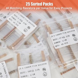 JX-E 25 Values Resistor Kit 1000Pcs 1Ω-1MΩ 1/4W Carbon Film Resistors, ±5% Tolerance for DIY Electronics, Repairs, and Educational Projects