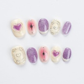 K&S Nails Press on Handmade Nails -SIZE EXTRA SMALL(First Crush) | Short Oval | Nail Kit with Two Types of Glues, UV/LED Lamp and Glue Remover | False Nails with 10 Pcs