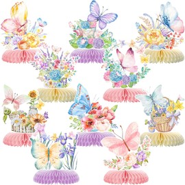 10 piezas de decoraciones de fiesta de mariposa - centros de mesa de flores de mariposa en primavera, color rosa y morado, 3D, panal, toppers de mesa para niñas, suministros de baby shower, fiesta