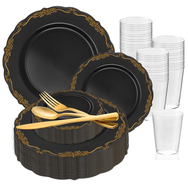 720 Piece Elegant Disposable Plastic Dinnerware Set for 120 Guests - Fancy Black with Gold Vintage Dinner Plates, Dessert Salad Plates, Silverware Set & Party Cups For Wedding, Birthday, All Occasions
