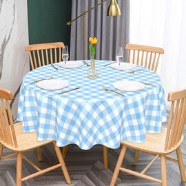 Mulbozy 2 Pcs Light Blue Gingham Round Tablecloth, 84 inches Disposable Plastic Light Blue and White Checkered Circle Table Covers for Baby Shower Wedding Bridal Shower Birthday Party Decorations