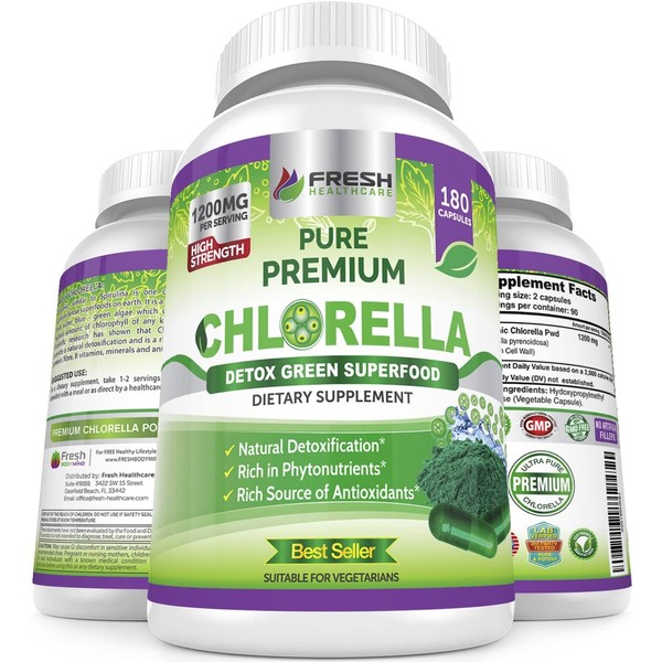 Premium Chlorella Supplement by Fresh Healthcare, 1200mg Pure Vegan Powder Capsules, 180 Chlorophyll and CFG Pills, Natural Detox Superfood, Naturally Contains B Vitamins and Minerals