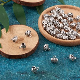 KISSITTY 50pcs Tibetan Style Alloy Bail Tube Beads Connector with 2mm Charm Loop Antique Silver Barrel Charm Carrier Pendant Hanger Link for Jewelry Making