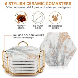 Geila Marble Coasters for Absorbent Drinks, 6pcs Set with Metal Holder - Gold Cup Coasters for Coffee Table, Rustic Home Decor for Living Room Bar - Housewarming Gifts (Hexagonal)
