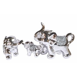 Amazing Gift Crystal Crown Set of 3 Crushed Diamond Elephant Family Ornament, Shiny Silver Ceramic Elephant Ornaments