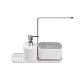 BEANPRECOY Hand and Dish Soap Dispenser Set for Kitchen, 4-in-1 Dual Soap Dispenser with Sponge Holder and Dishcloth Holder Organizer for Kitchen Sink Countertop Storage Organize (White-A)