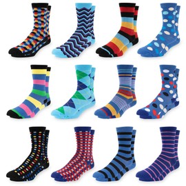 Mitch Bogen Men's Colorful Dress Socks - Fun Patterned Funky Crew Socks For Men - 12 Pack (Style 3, Sock Size 10-13Shoe Size 6-12)