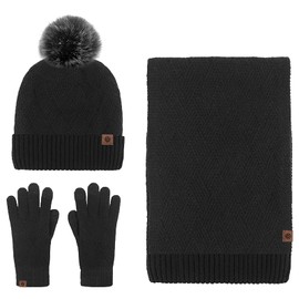 Anopo Scarf Hat Glove Set Women's Touchscreen Gloves Long Warm Scarf Beanie Knitted Hat with Bobble Winter Warm Thick Set, black