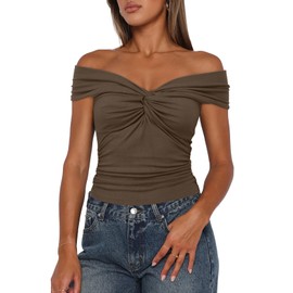 Darong Cap Sleeve Crop Tank Tops for Women Summer Off The Shoulder Neck Tank Top 2024 Casual Outfit 9058 Khaki XL