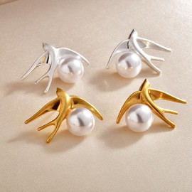Xeyai 14K Gold Plated Swallow Bird Stud Pearl Earrings for Women