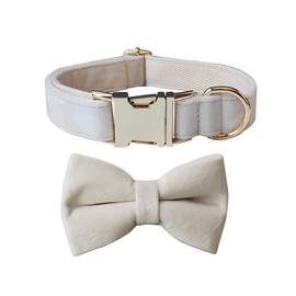 JAY D.L Bowtie Dog Collar, Soft & Comfy Velvet Dog Bow tie Collar, Detachable and Adjustable Dog Collars for Small Medium or Large Dogs and Cat with Safety Metal Buckle(White, 9.87"-11.4")
