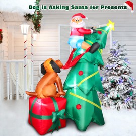 FunFanso 6FT Inflatable Christmas Tree for Yard Outside Decoration, Blow Up Santa Climbing Tree Chased by Puppy, Built-in LED Lights for Winter Holiday Xmas Party Indoor and Outdoor Garden Lawn Decors