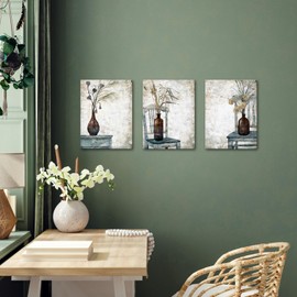 iHAPPYWALL 3 Pieces Rustic Botanical Wall Art Farmhouse Floral Plant in Vase Still Life Picture Artwork for Kitchen Bedroom Home Decor Ready to Hang 12x16inchx3pcs