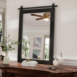 Black Farmhouse Mirror for Wall, 18x26INCH Wood Framed Square Bathroom Mirrors for Vanity, Barn Door Style Mirrors Wall Mounted Dresser Decor Mirror Living Room Bedroom Vertical