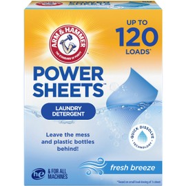 ARM & HAMMER Power Sheets Laundry Detergent, Fresh Breeze Scent, Dissolves in All Wash Temps, Lightweight and Travel-Ready, 60ct, Up to 120 Small Loads