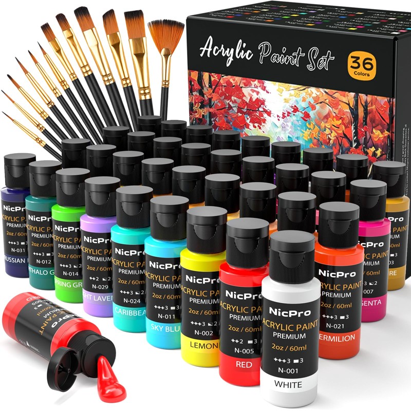 Nicpro 36 Colors Acrylic Paint Set with 12 Brushes &