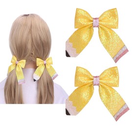 School Bow Cheer Bows Hair Clip Back to School Hair Bows Yellow Pencil Girls Hair Clips Teacher Hair Accessories ZFJ66 (Glitter Bow)