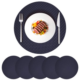 AuraNestle Placemats Set of 6, Double Decker Faux Weaving Leather Round Place Mats, Heat Resistant Waterproof Oil-Proof Non-Slip, Wipeable Washable Kitchen Dining Table Mats (36cm, Blue)