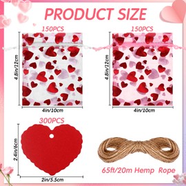 Windyun 300 Bolsas de Golosinas para San Valentín Saco de Dulces con Corazón de Amor Regalos de San Valentín con 300 Etiquetas de Papel Kraft de Corazón y Cuerda Total de 60 m para Mujeres Fiesta