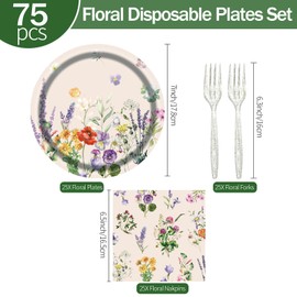 75pcs Floral Disposable Plates Set, Floral Party Supplies Plates Napkins Tablewares Disposabl Dinnerware Party Favors for Girls Women Birthday Tea Party Picnic Party Serve 25 Guests (Floral, 7in)