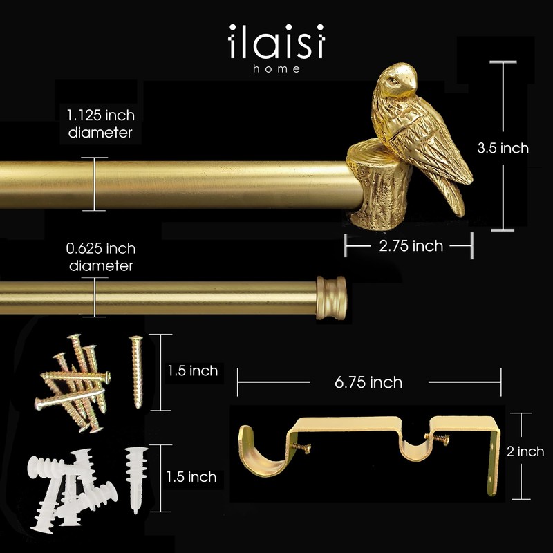 ILAISIHOME 1-1/8 Inch Diameter Brushed Gold Curtain Rod with Bird