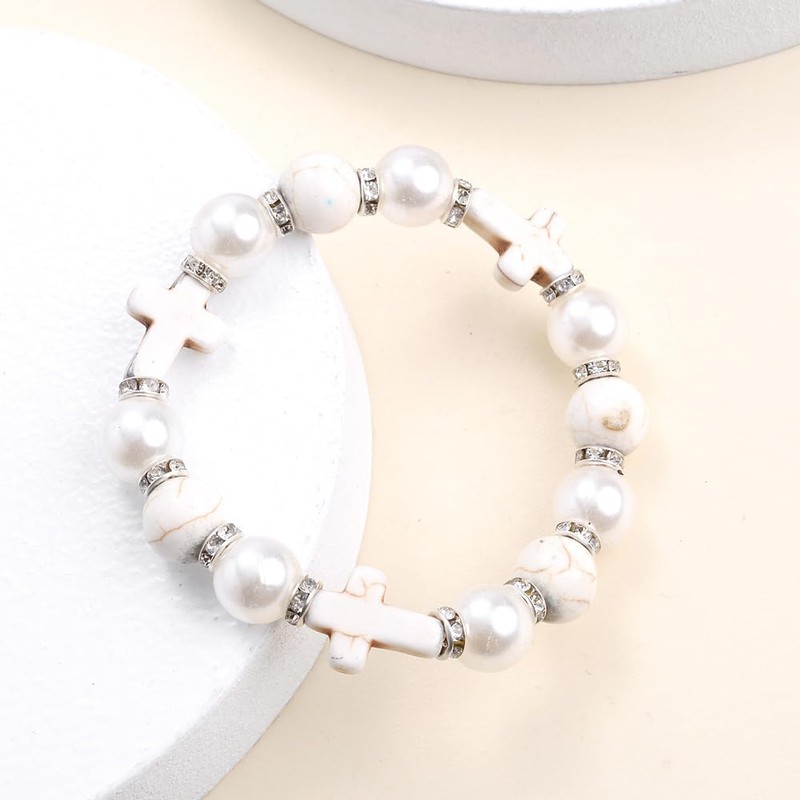 Cross Bracelet for Women Pearl Bracelet Healing Crystal Stretch Beaded
