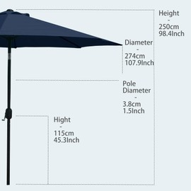 Garden lucky 9FT Outdoor Patio Umbrella Outdoor Table Umbrella with Push Button Tilt and Crank, Market Umbrella 8 Sturdy Ribs UV Protection Waterproof for Garden, Deck, Backyard, Pool Navy Blue
