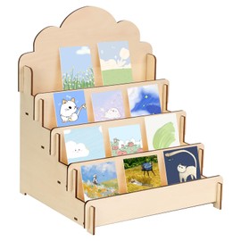 BlyeMichdi Greeting Card Stand with 4 Tier Wooden Display Stand, Wooden Display Stand, Robust Multifunctional Display Easels for Organising and Displaying Cards