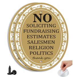 i-CowFun (2 Pack) Metal Self-adhesive No Soliciting Sign for Front Door - 6" x 4.7" Aluminum No Soliciting Sign for House, Home and Business, No Religion, Estimates, Salesmen (Brown)