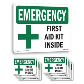 First Aid Kit Inside OSHA Emergency Aluminum Sign 10 Inch x 7 Inch - 10 Pack