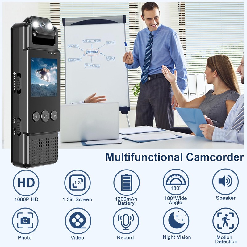 Body Camera, 1.3 in 1080P Color Display 180° Rrotating Lens