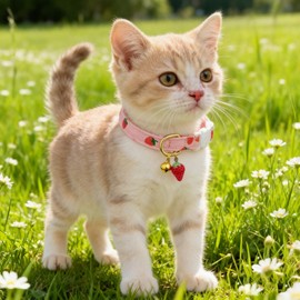 REDANHA 3 Pcs Cat Collar with Bell and Charm, Cute Strawberry Daisy Heart Print Pet Necklace for Kitten, Adjustable Soft Safety Collar with Cat Head Buckle(Red White Purple)