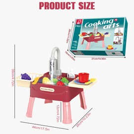 Kids Play Sink Toy Set - 23 Pcs Play Kitchens Water Play Toys Set with Running Water, Kids Pretend Role Play Toys, Christmas Birthday Party Gifts for Boy Girl Toddler Age 1 2 3 4 5 Years Old, Red
