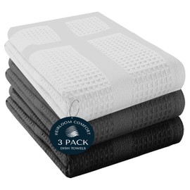 HEIRLOOM COMFORT 3 Pack Multi Color Waffle Weave Kitchen Towels, 16x26 Inch, 100% Cotton, Super Absorbent, Quick Dry, Hand Towels for Drying Dishes, Cleaning, Durable - White, Grey, Black