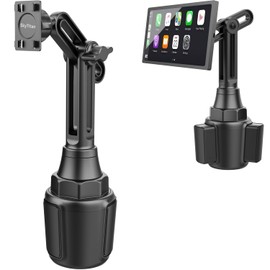 SkyTitan Cup Holder Car Mount for Portable CarPlay Screens, Adjustable Height, Flexible Long Arm, Alternative Cupholder Mounting Solution for in-Car Android Display Monitors (Bracket Adapter Included)