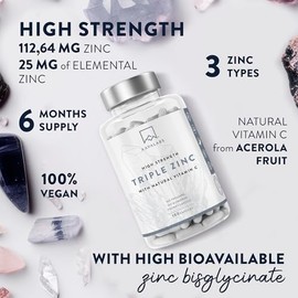 AAVALABS Triple Zinc 25mg - 3 Forms of Zinc with Natural Vitamin C - Zinc Picolinate, Zinc Bisglycinate and Zinc Monomethionine - 180 High Strength Zinc Tablets - 6 Months Supply - Zinc Supplements