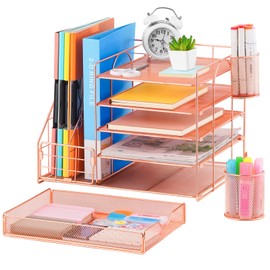 Marbrasse Rose Gold Desk Organizer with File Holder, 5-Tier Paper Letter Tray Organizer with Drawer and 2 Pen Holder, Mesh Desktop Organizer and Storage with Magazine Holder for Office Supplies