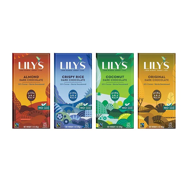 Variety 55% Dark Chocolate Bar Sampler by Lily's | Stevia Sweetened, No Added Sugar, Low-Carb, Keto Friendly | 55% Cocoa | Fair Trade, Gluten-Free & Non-GMO | 3 ounce, 4-Pack